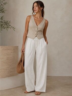 Cynthia Rowley Cream Wide-Leg Linen Pants